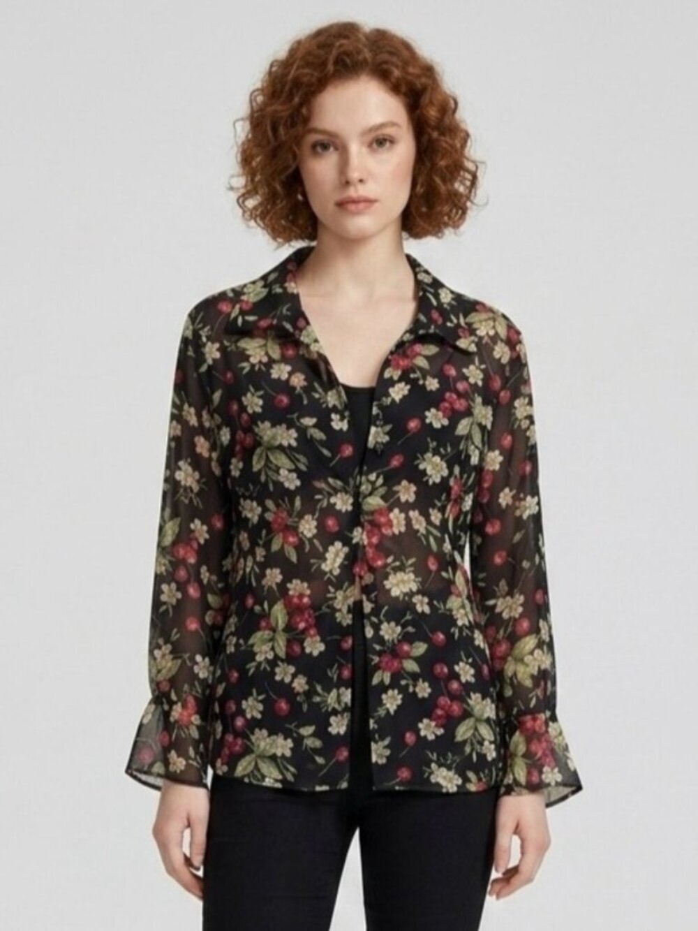Vintage Y2K Cherry Floral Blouse Shirt Size Large Black Red